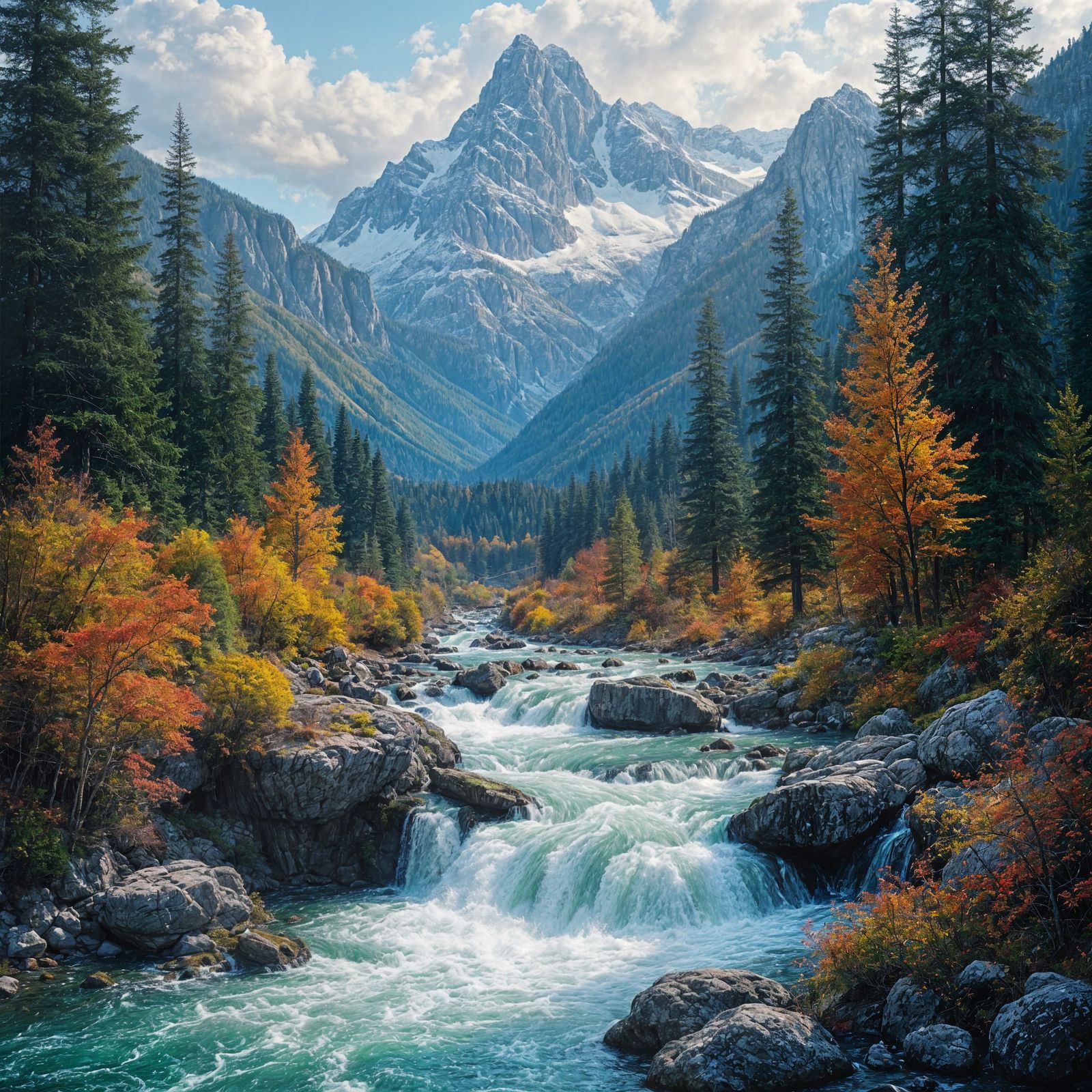 Majestic Mountain Waterfall Painting with Autumn and Winter