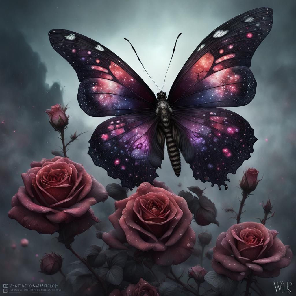 Zombie Butterfly on Dark Rose: Detailed Digital Art