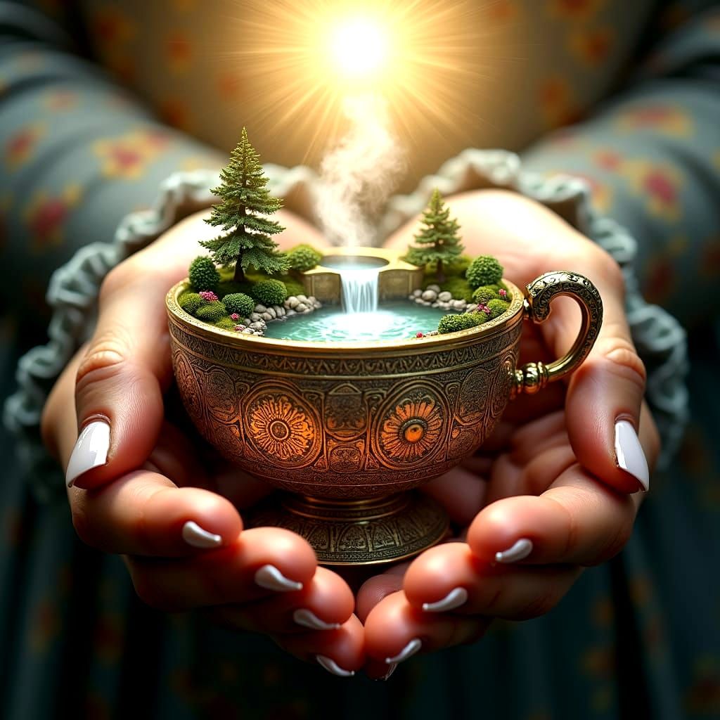 Hyperrealistic Cup Reflecting Pond and Waterfall