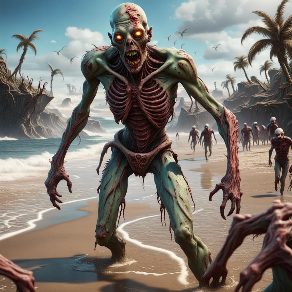 Alien Zombie Invasion on Beach: Detailed Matte Painting