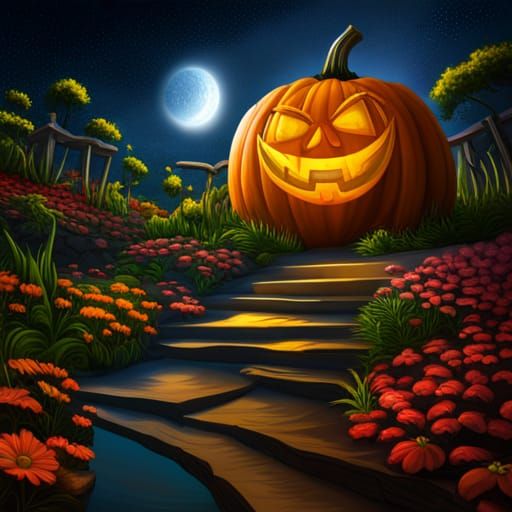 Cartoon Pumpkin in Secret Garden: Hyperrealistic Splash Art