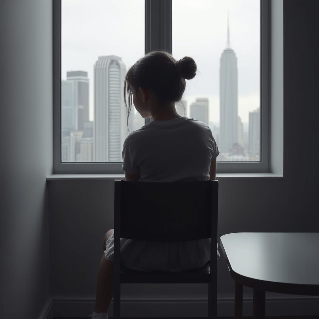 A Lonely Girl Contemplates the City's Grey Skyscrapers