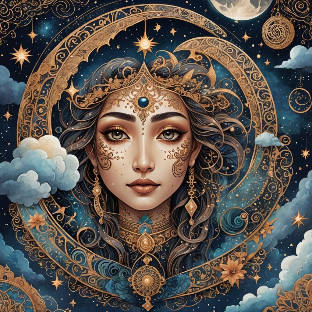 Intricate Crescent Moon Illustration in Fantasy Style
