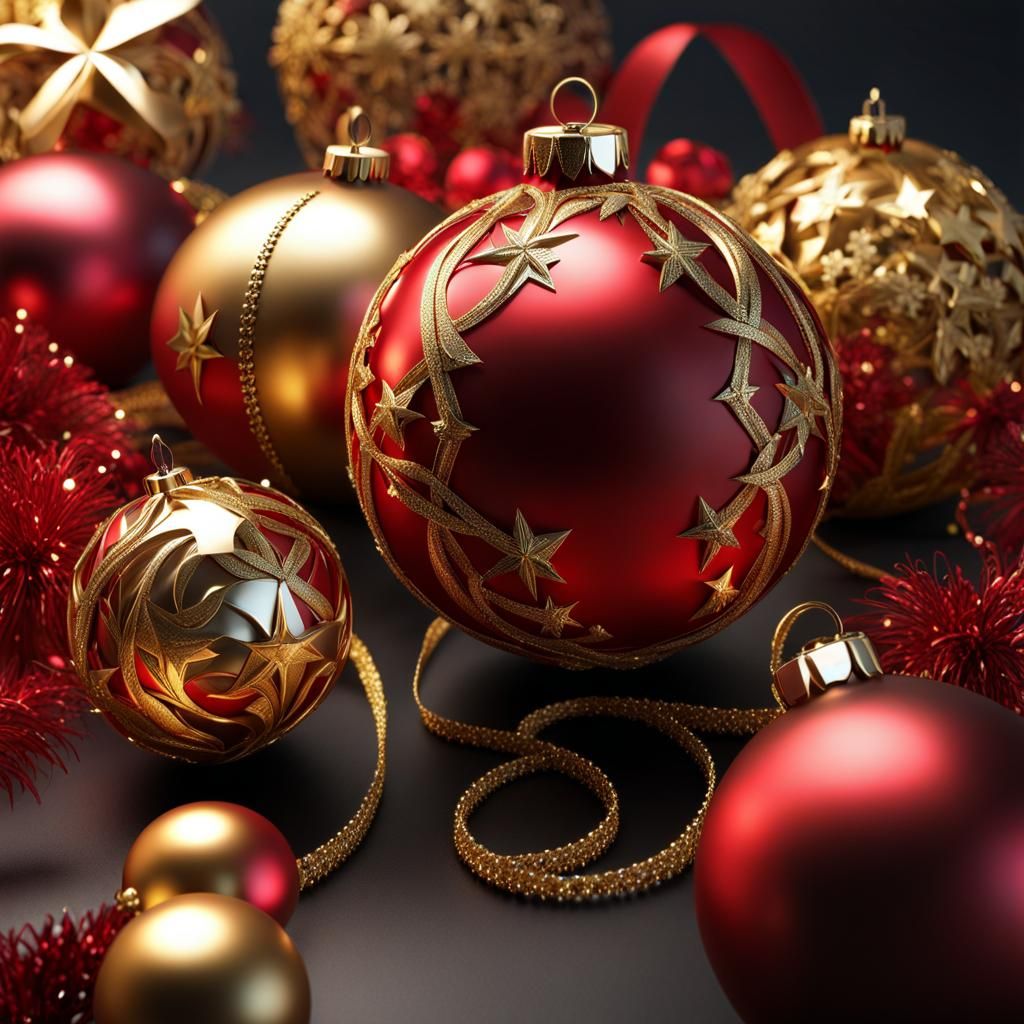 Carmine and Gold Christmas Ornaments with Ribbons