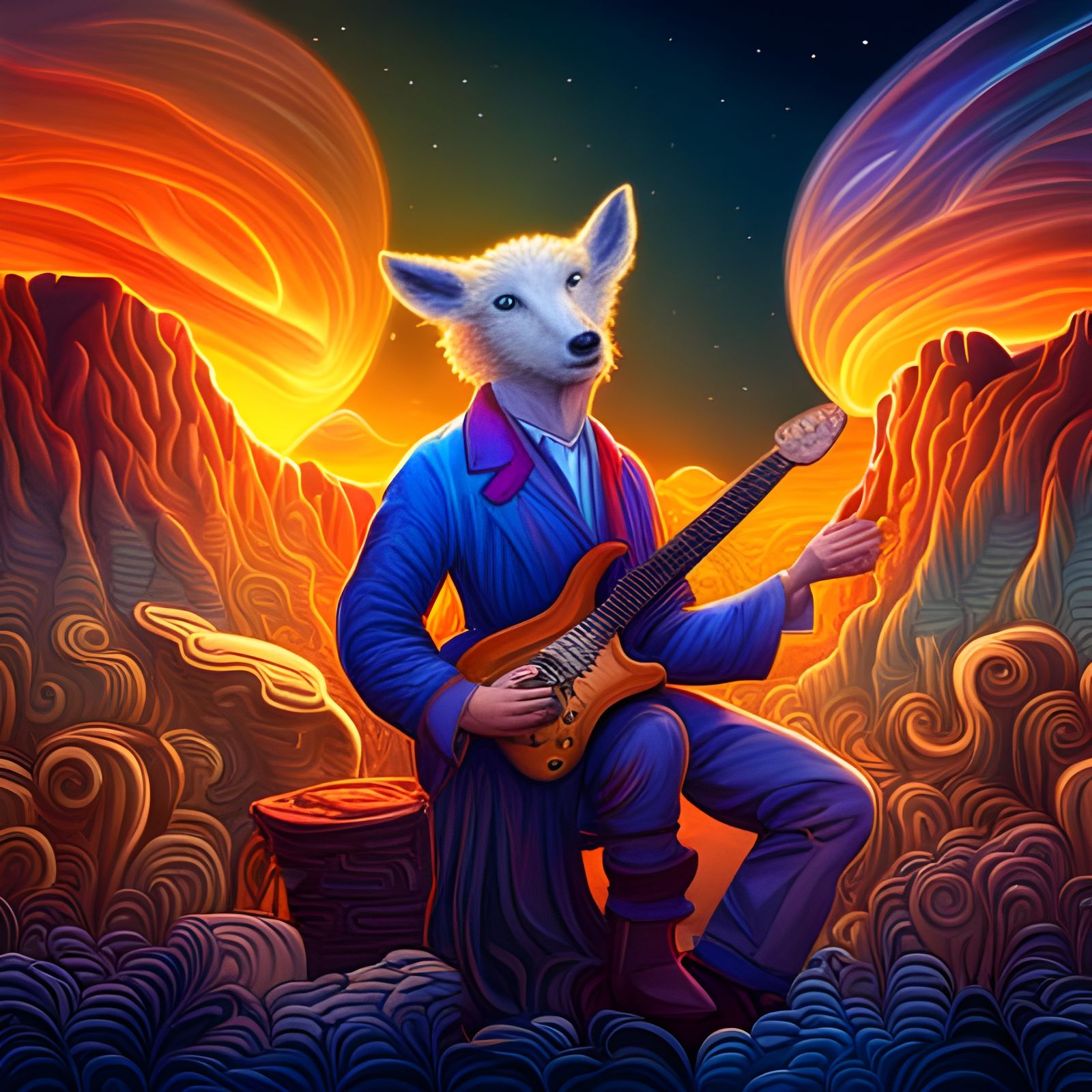 Wolf-Headed Rocker Serenades Dancing Sheep, Fantasy Art