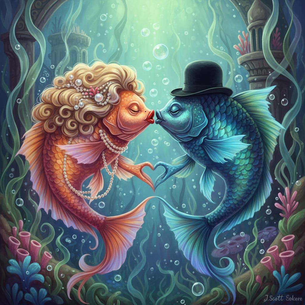 Anthropomorphic Fish Kiss in Whimsical Style