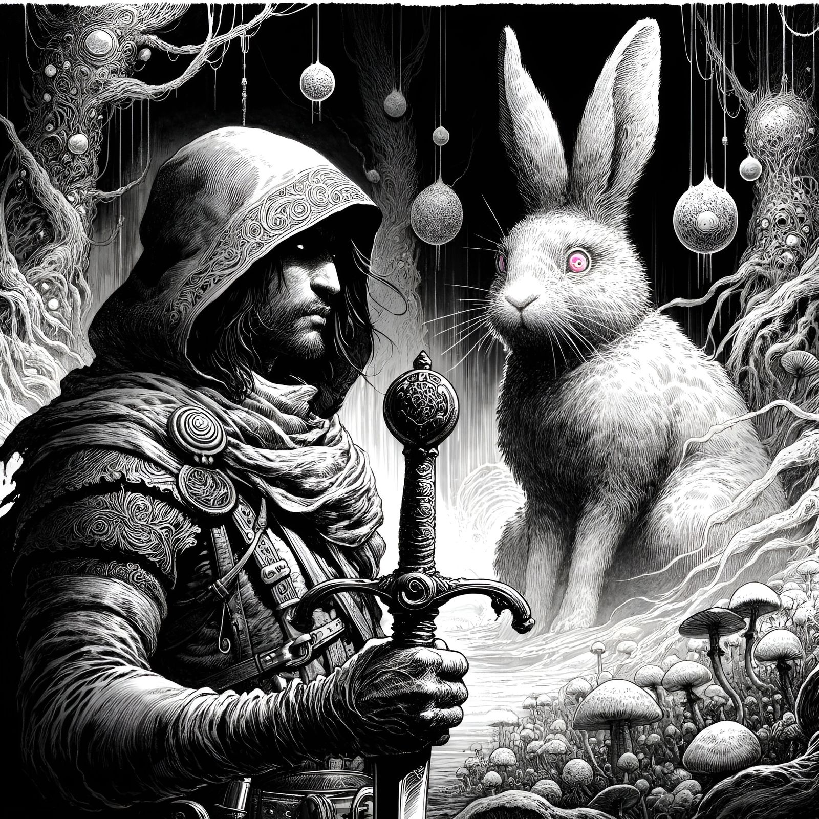 Greed Personified: A Grim Ink Drawing in Magical Forest