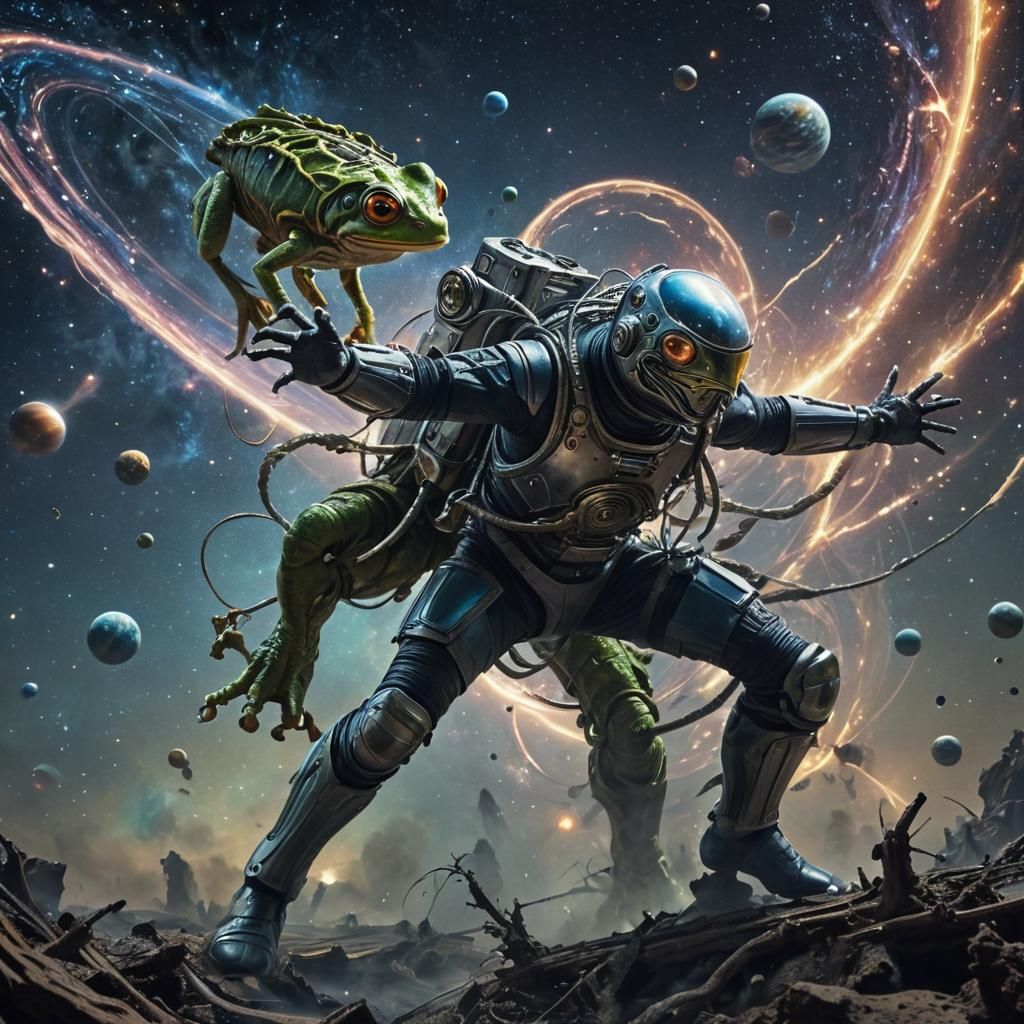 Cosmic Battle: Man Versus Giant Frog in Surreal Style