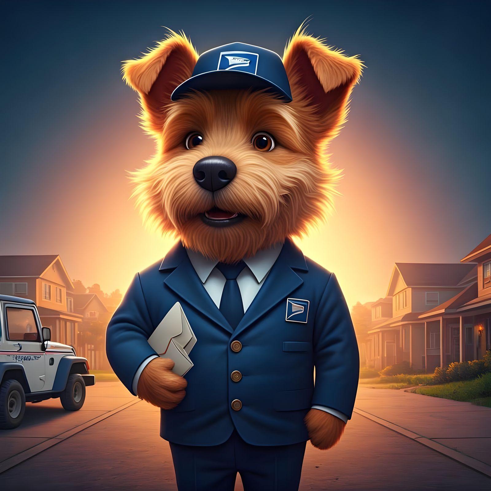 Anthropomorphic Terrier Postal Worker in Vibrant Neighborhoo...