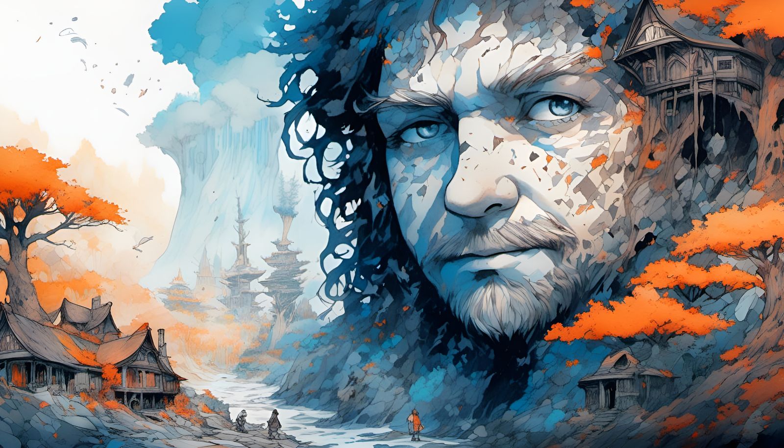 Detailed Ink Drawing of Hobbit Village in Color