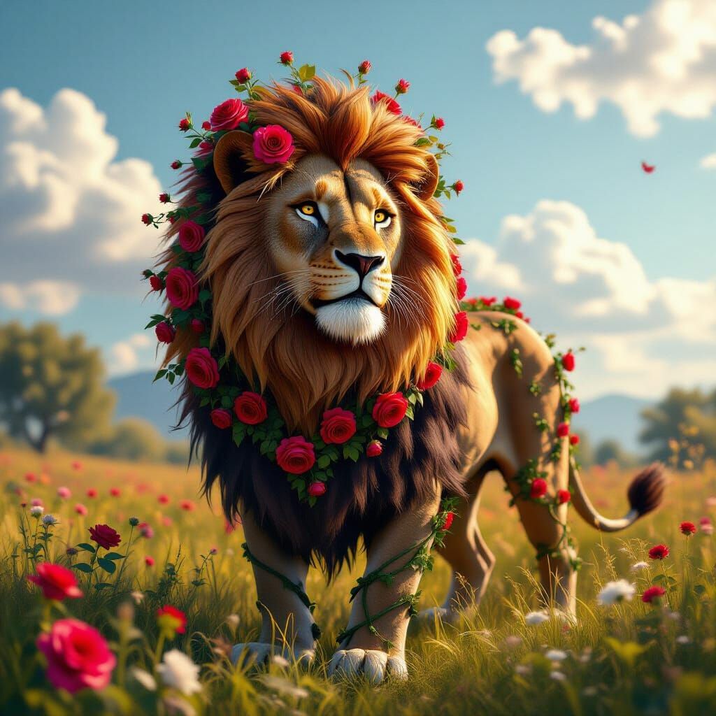Lion with Roses Mane in a Sun-Drenched Meadow