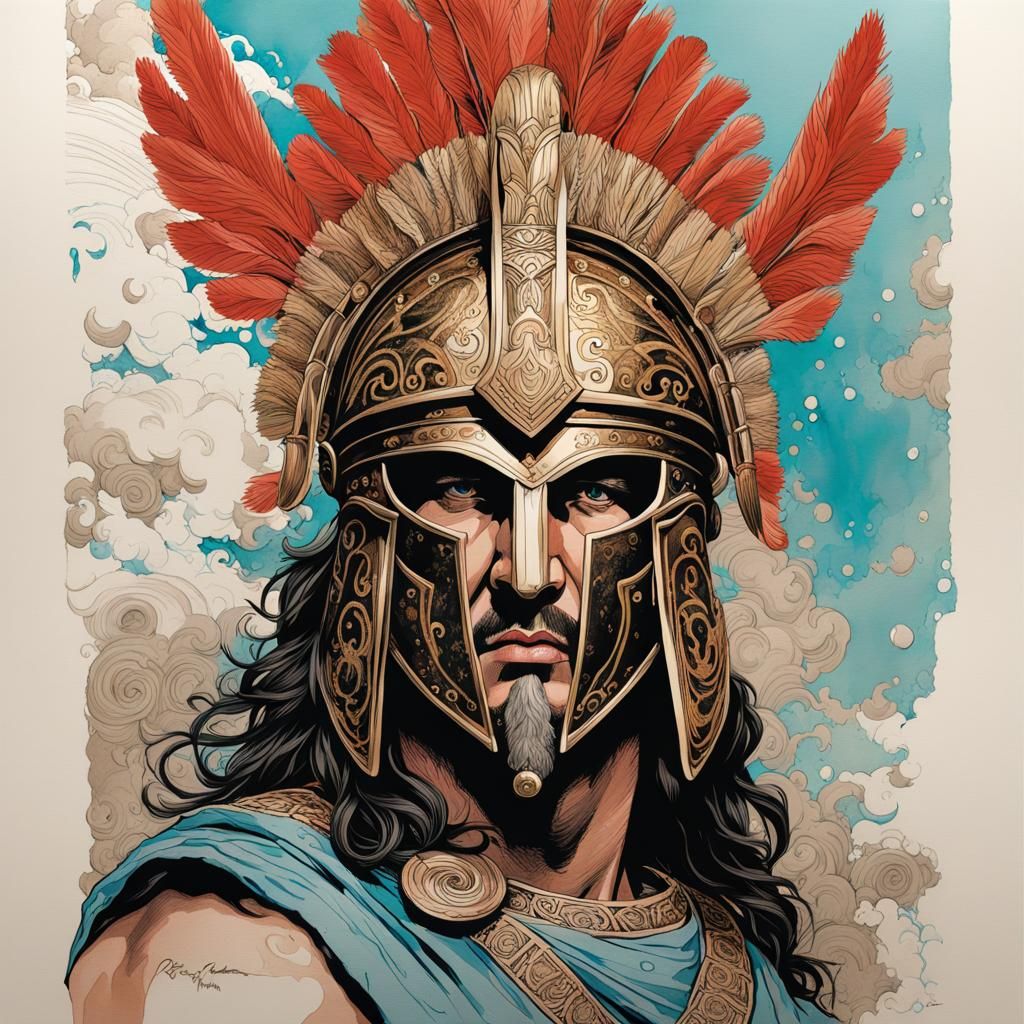 Greek Warrior Helmet in Ink and Watercolor