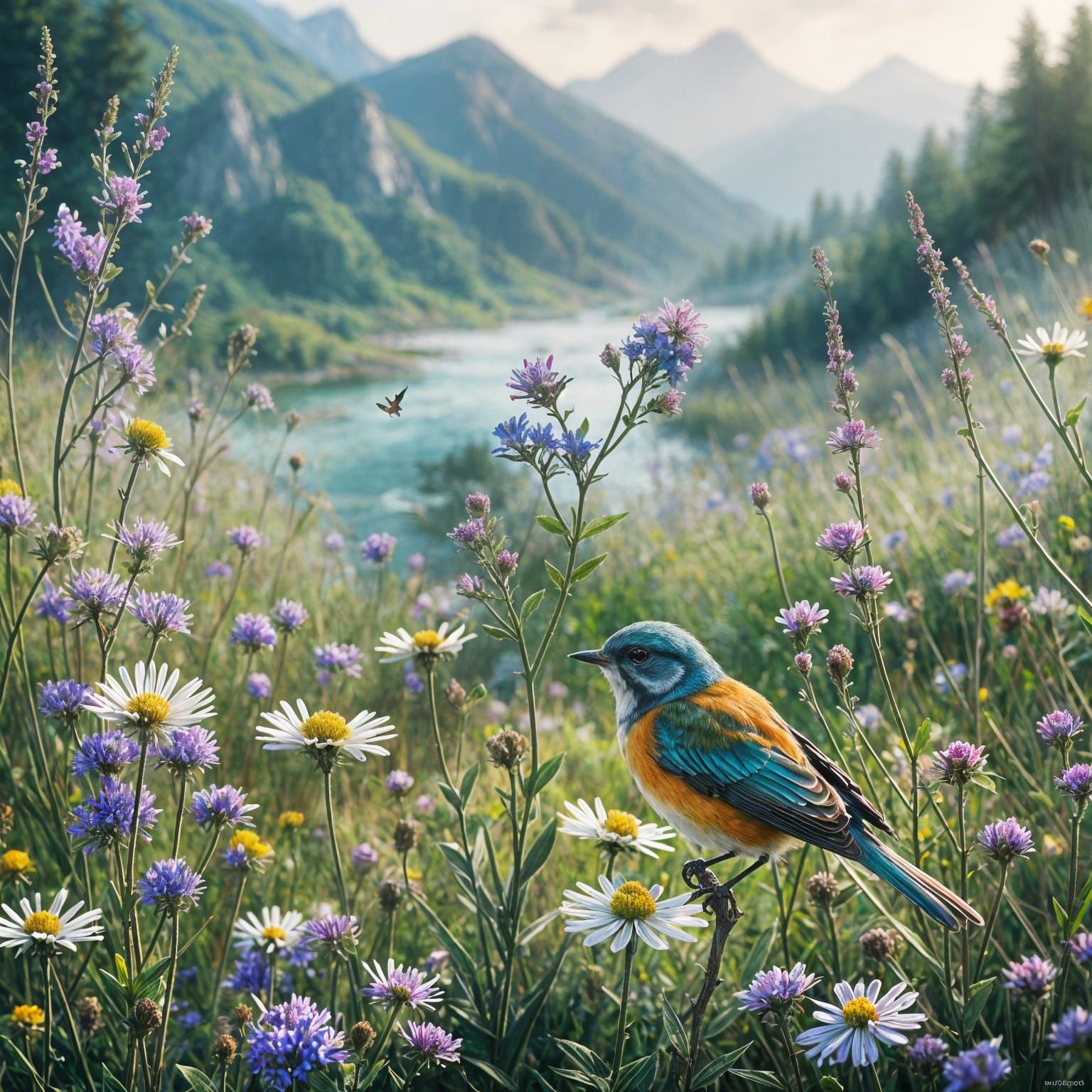 Fantasy Bird in Wildflower Meadow, Digital Watercolor