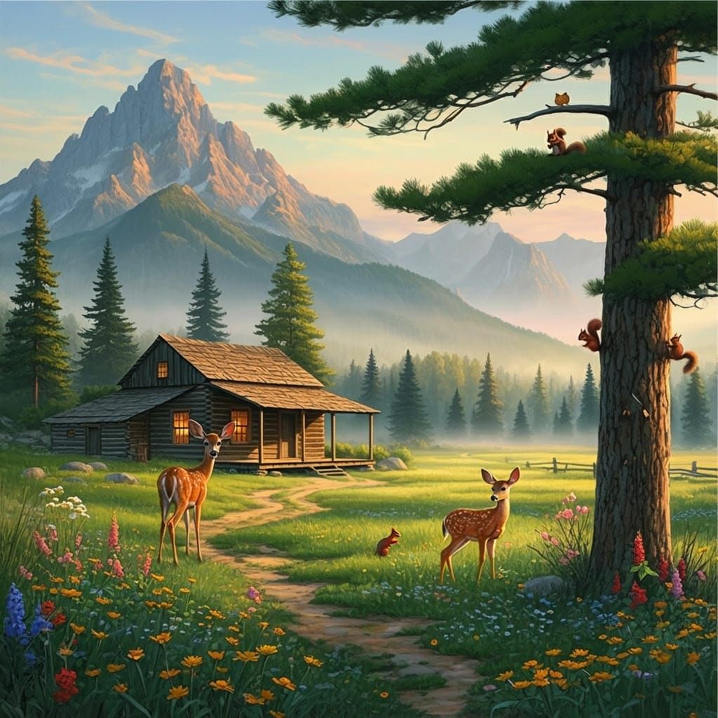 Serene Morning Scene with Rustic Cabin and Majestic Mountain...