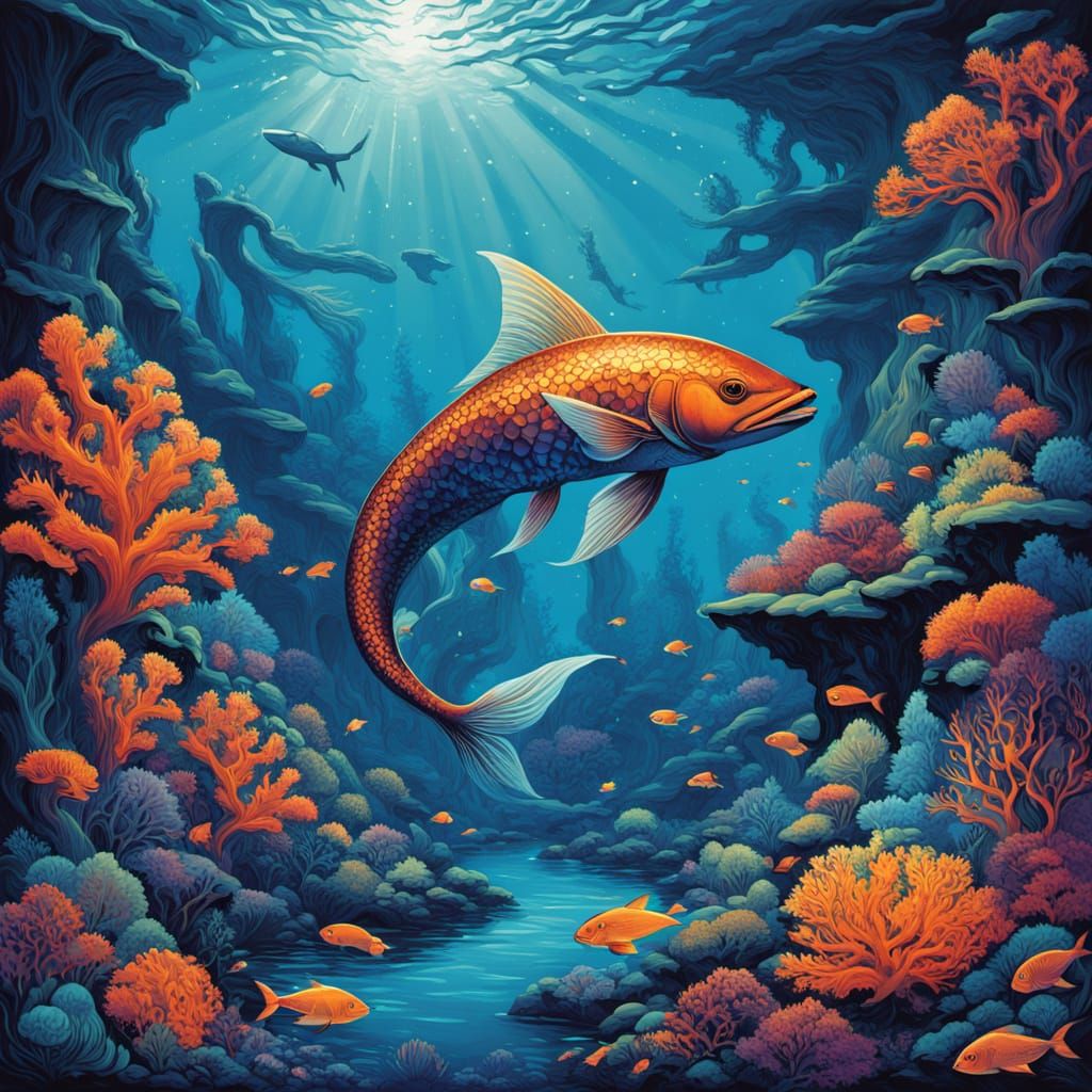 Bioluminescent Mermaid in Coral Reef, Fantastical Style