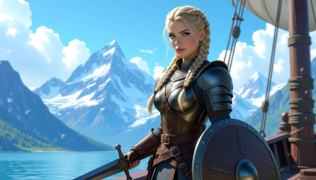 Fantasy Woman with Shield on Starlit Fjord