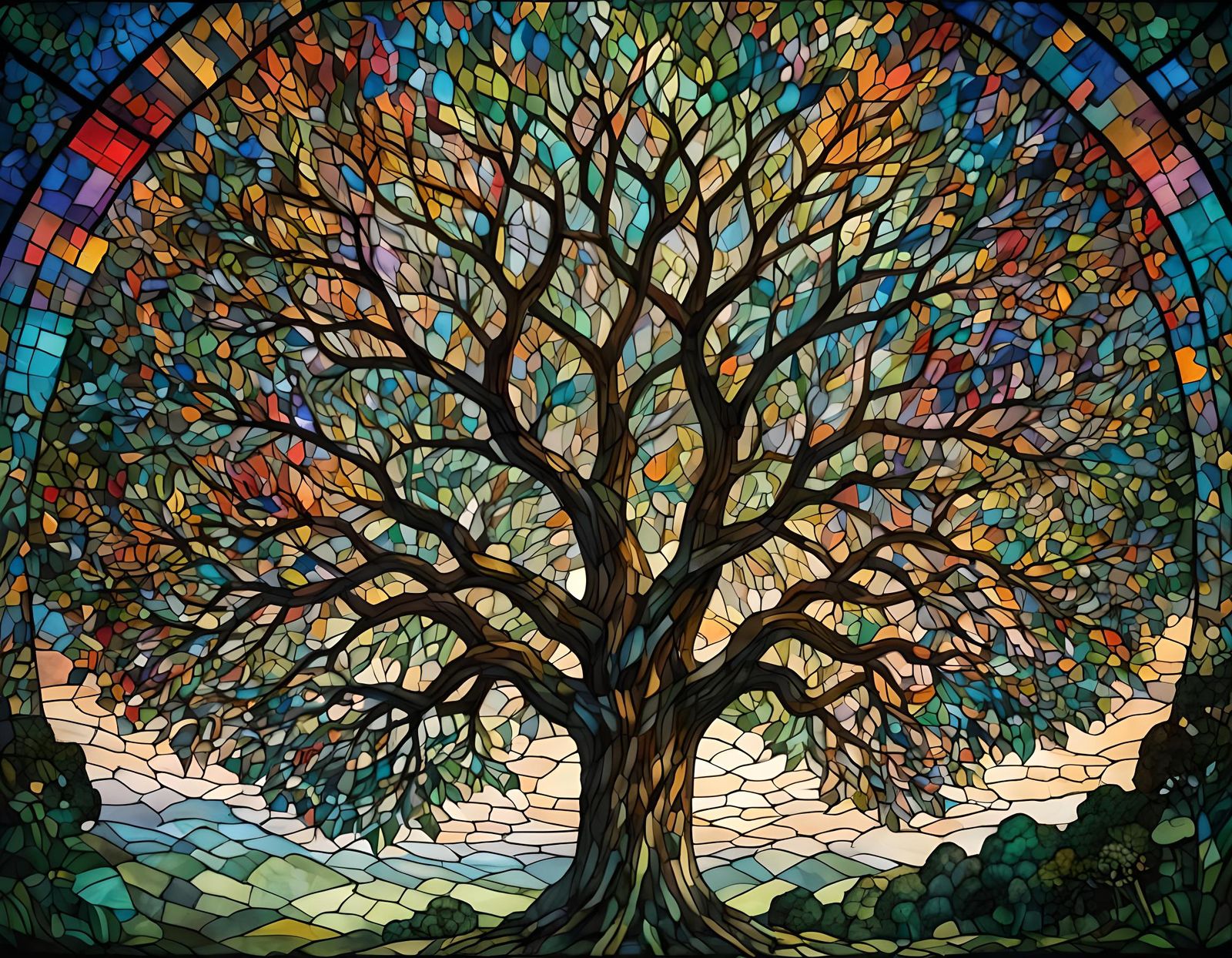 Stained Glass Rainbow Tree with Dramatic Lighting