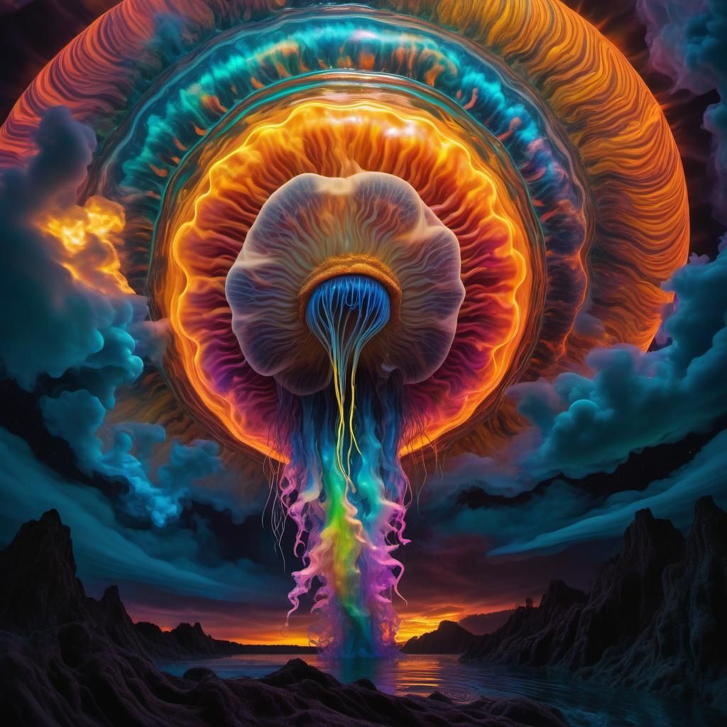 Psychedelic Jellyfish Lake with Rainbow Clouds