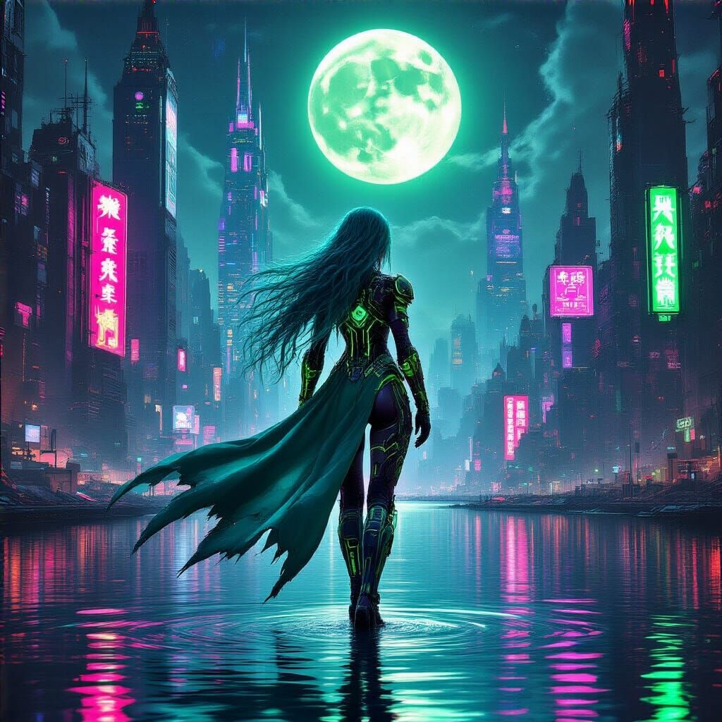 Cyberpunk Cityscape with Neon Lights and Teal-Haired Woman