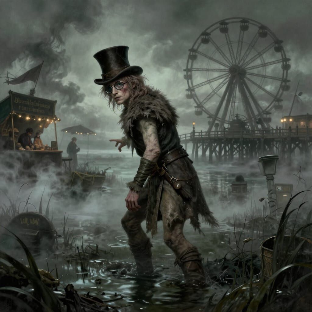 Smeagol in Swamp with Ferris Wheel, Dark Fantasy Illustratio...