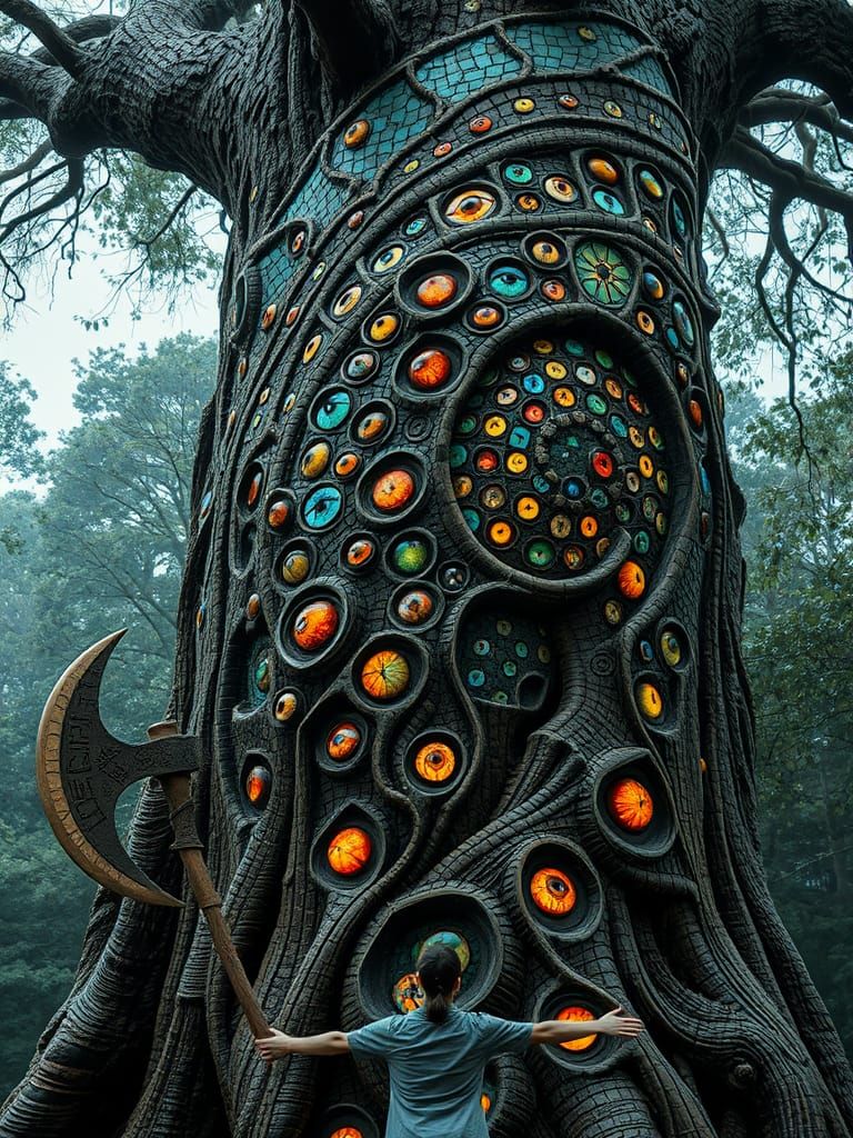 Totemic Tree with Mosaic Eyes in Surreal Style