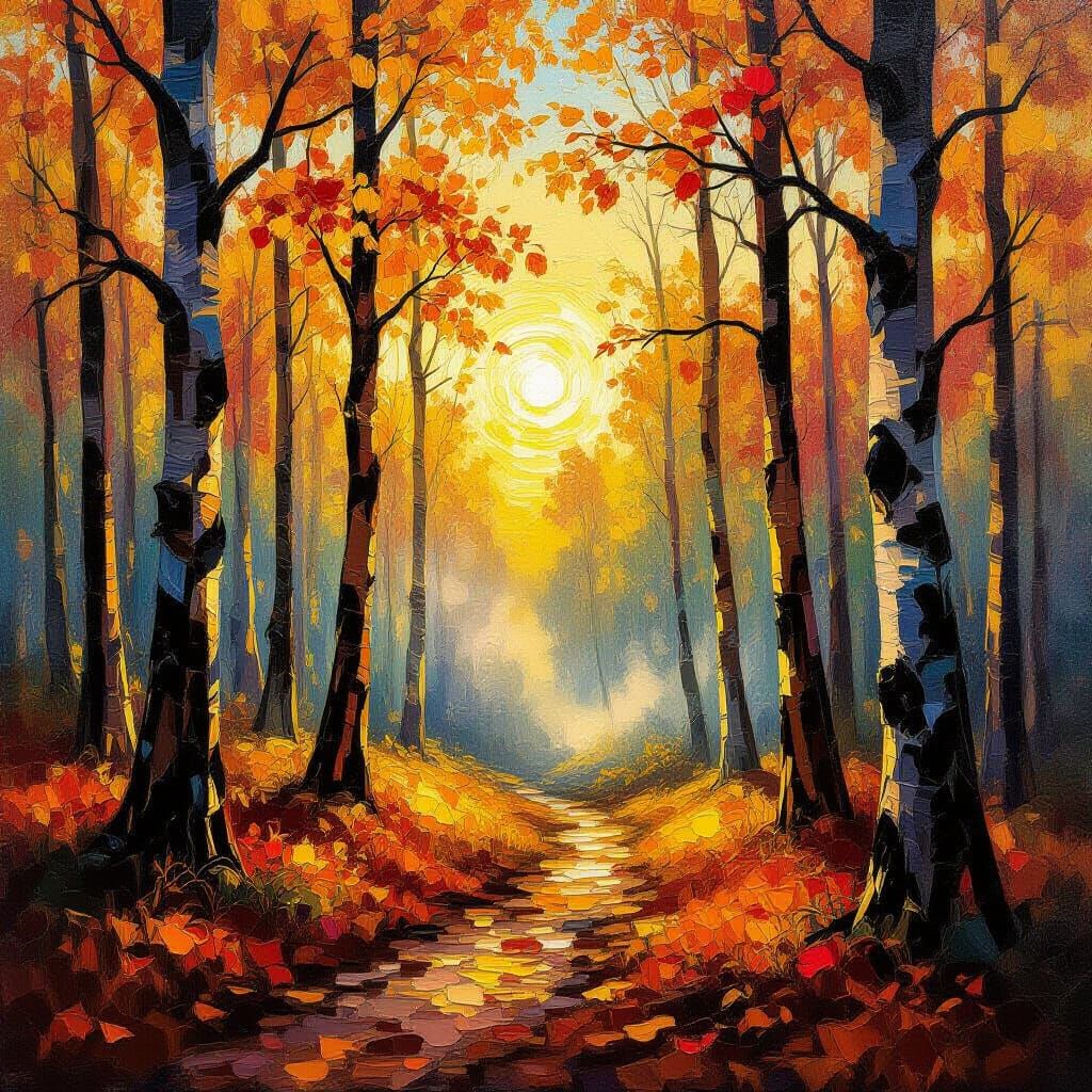 Ethereal Autumn Sunrise in Forest Oil Painting