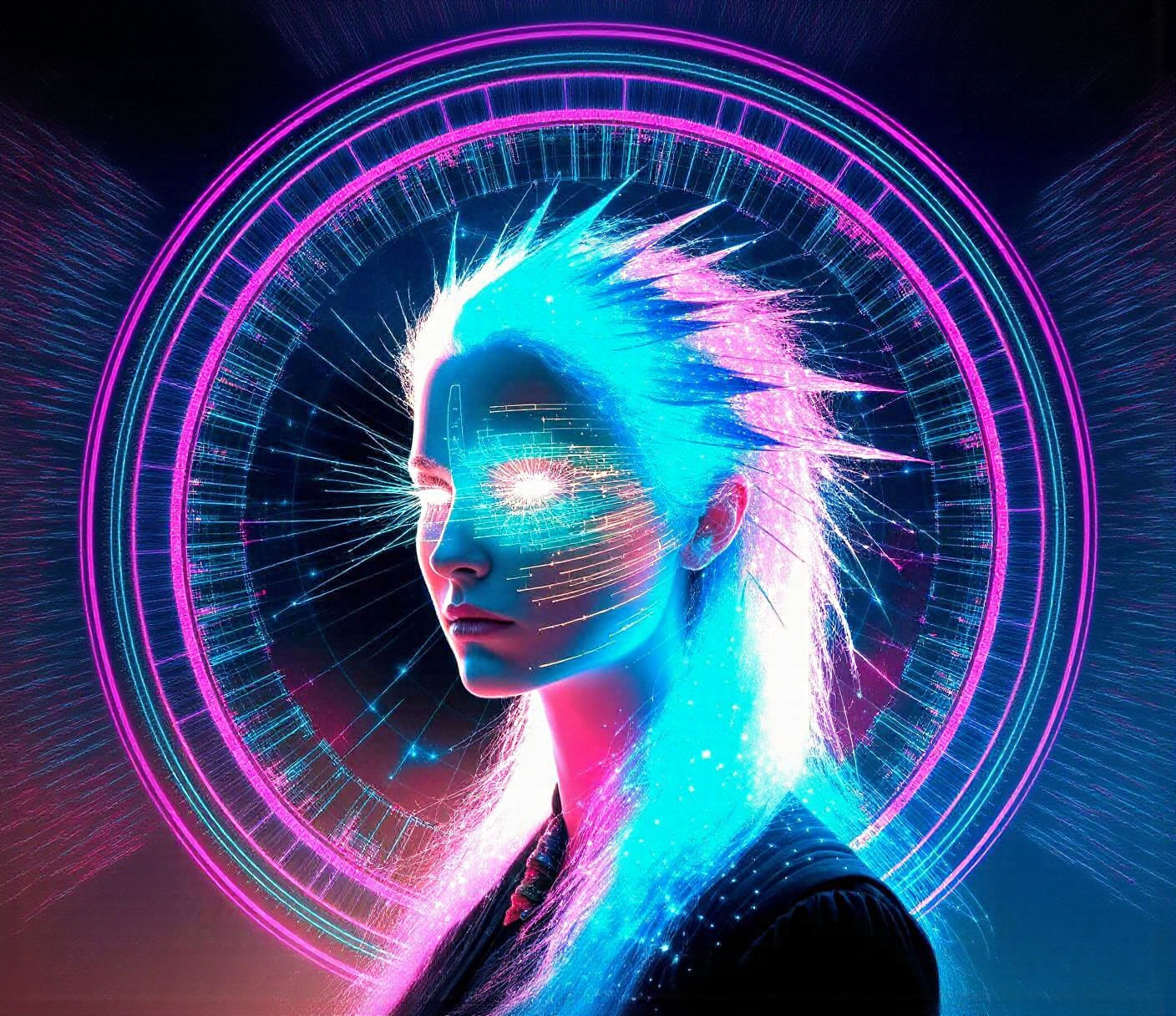 Bioluminescent Woman with Digital Glitch Art