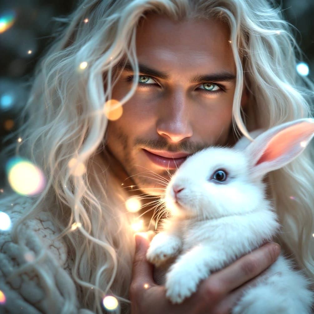 Gorgeous Godlike Man Adorns Beautiful White Bunny with Iride...