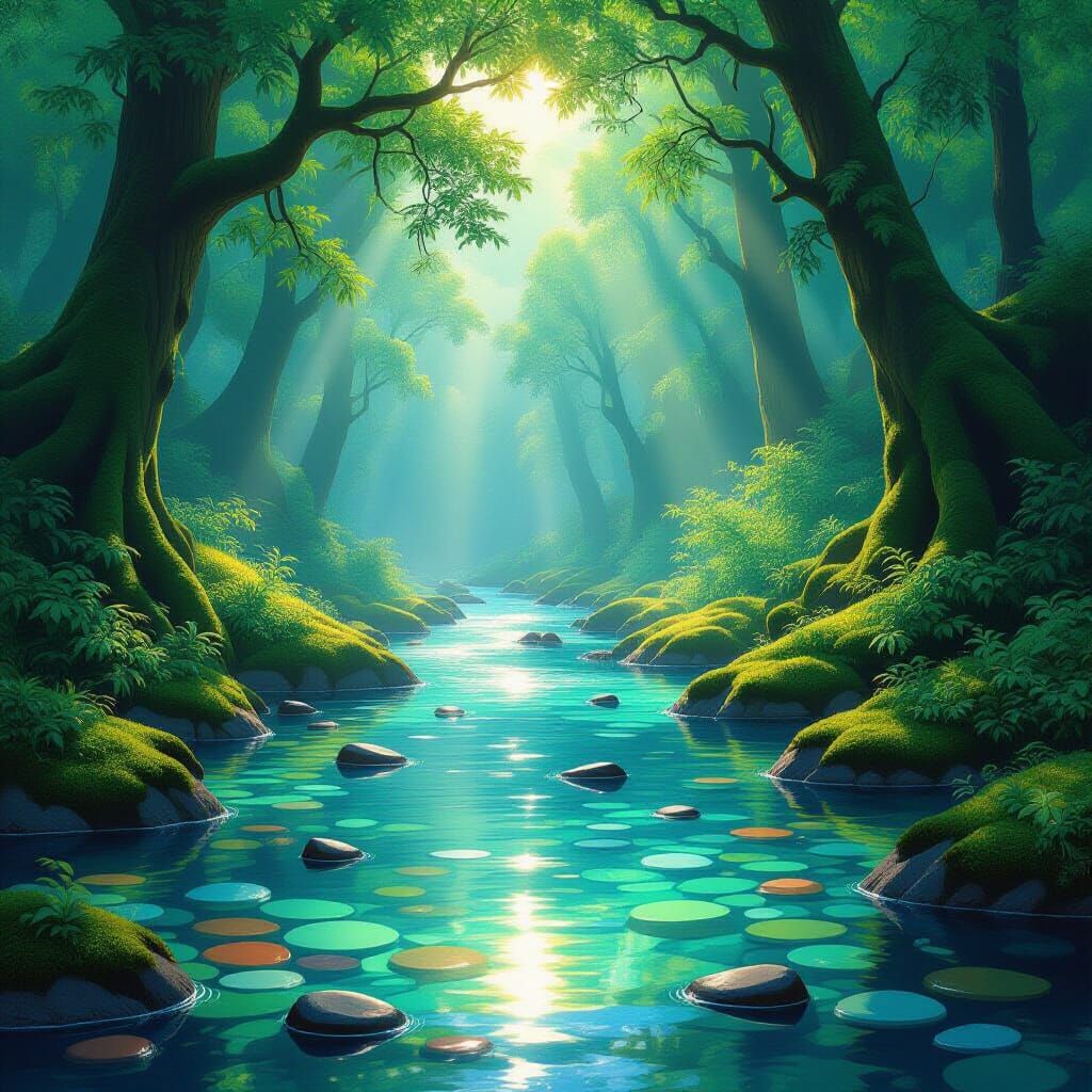 Sunlit Forest River with Mossy Trees and Clear Water