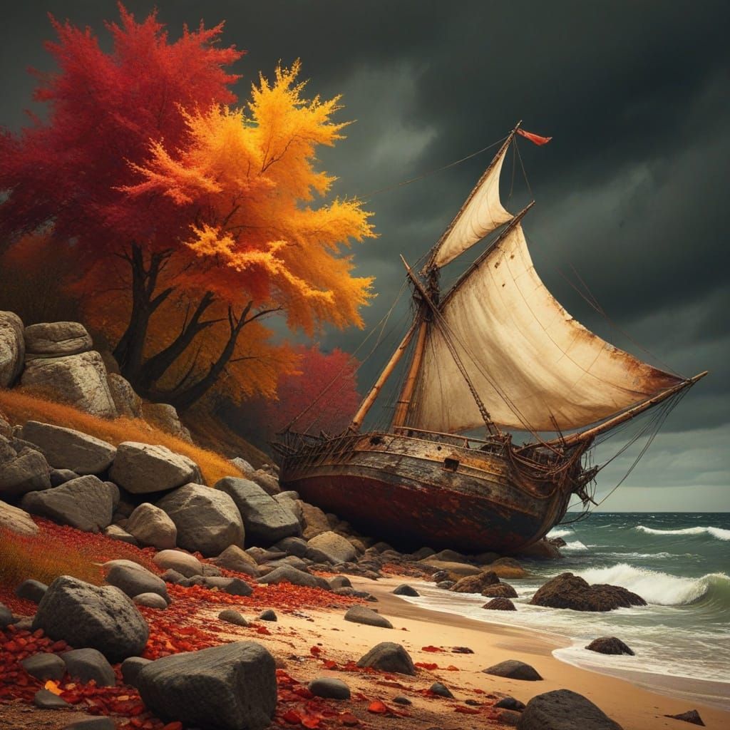 Baroque Sailing Vessel on Rocky Beach at Sunset