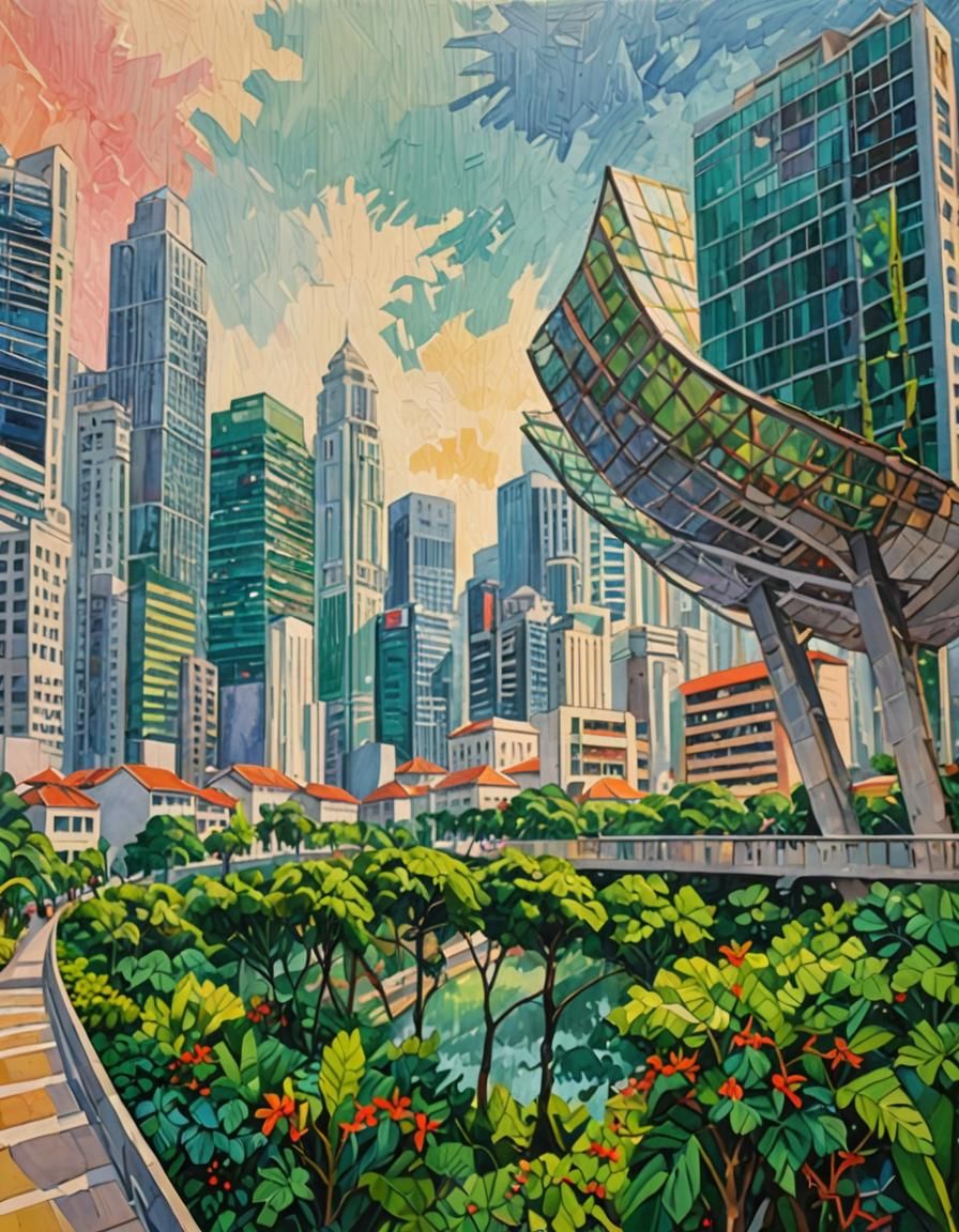 Singapore Cityscape in Impasto Gouache Style
