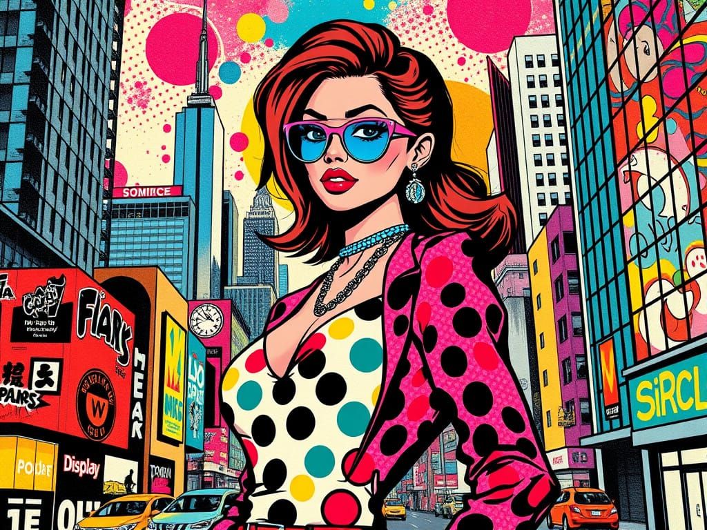 Vibrant Female Pop Art Icon in Graphic Cityscape