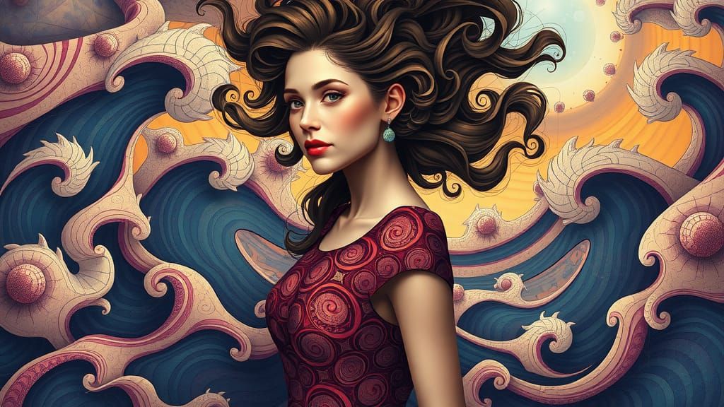 Kaleidoscopic Woman in Fractal Landscape