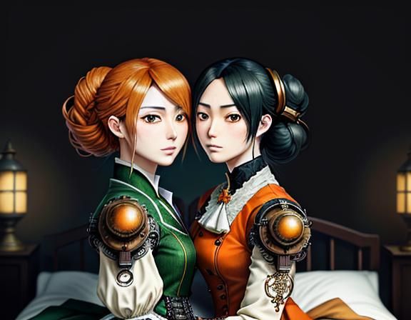 Twin Kemono Sisters Kiss in Manga Steampunk Style
