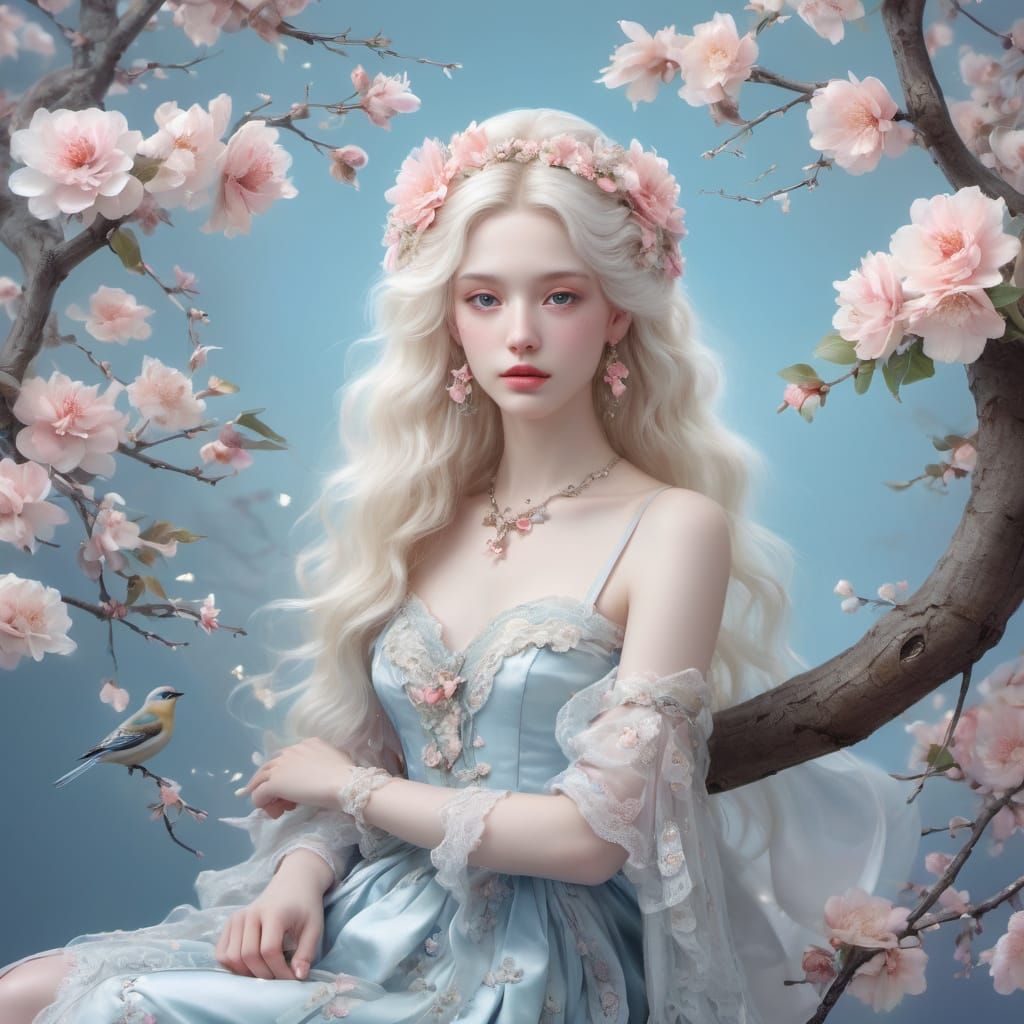 Elegant Rococo Woman on Flowering Branch