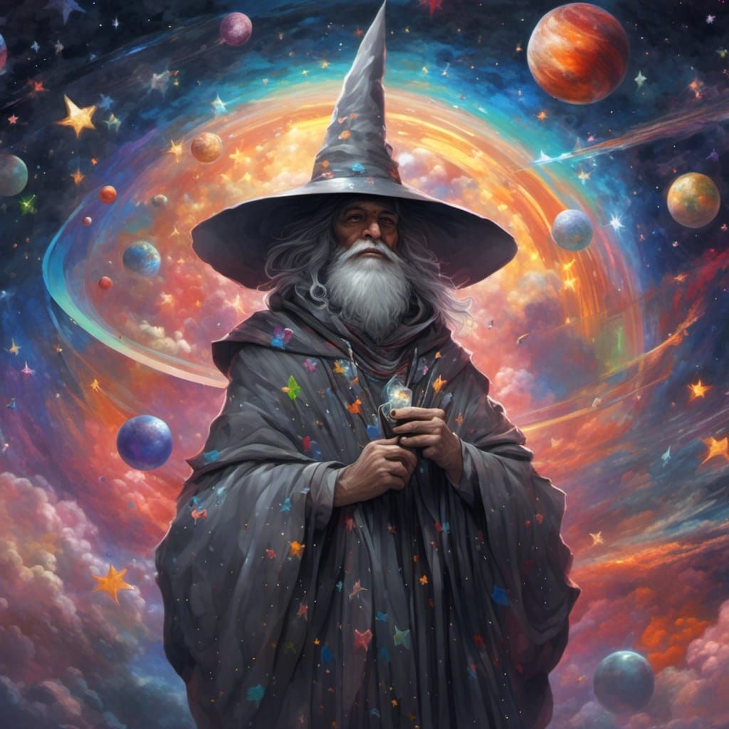 Hyperreal Wizard in Space with Rainbows