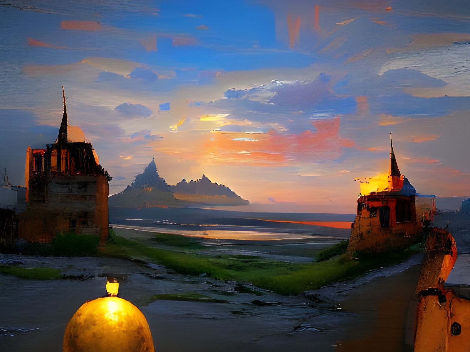 Mont Saint Michel Sunset: Oil Painting Realism