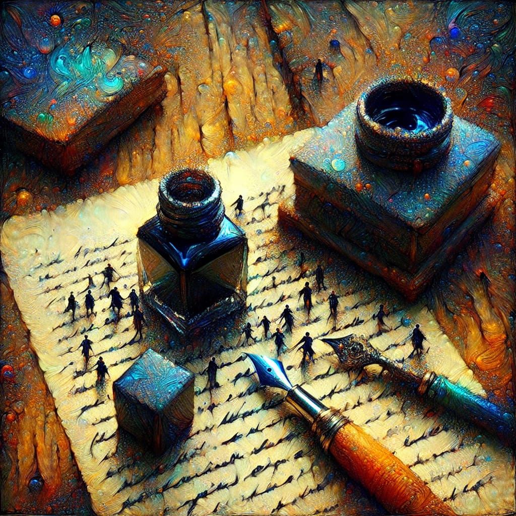 Writer's Desk in Impressionist Style with Ink People