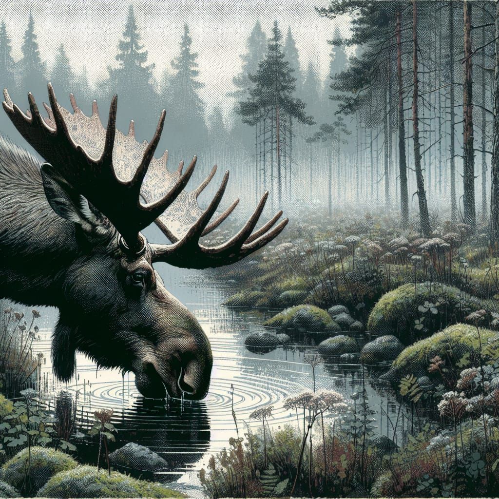 Moose's Face in Foggy Forest