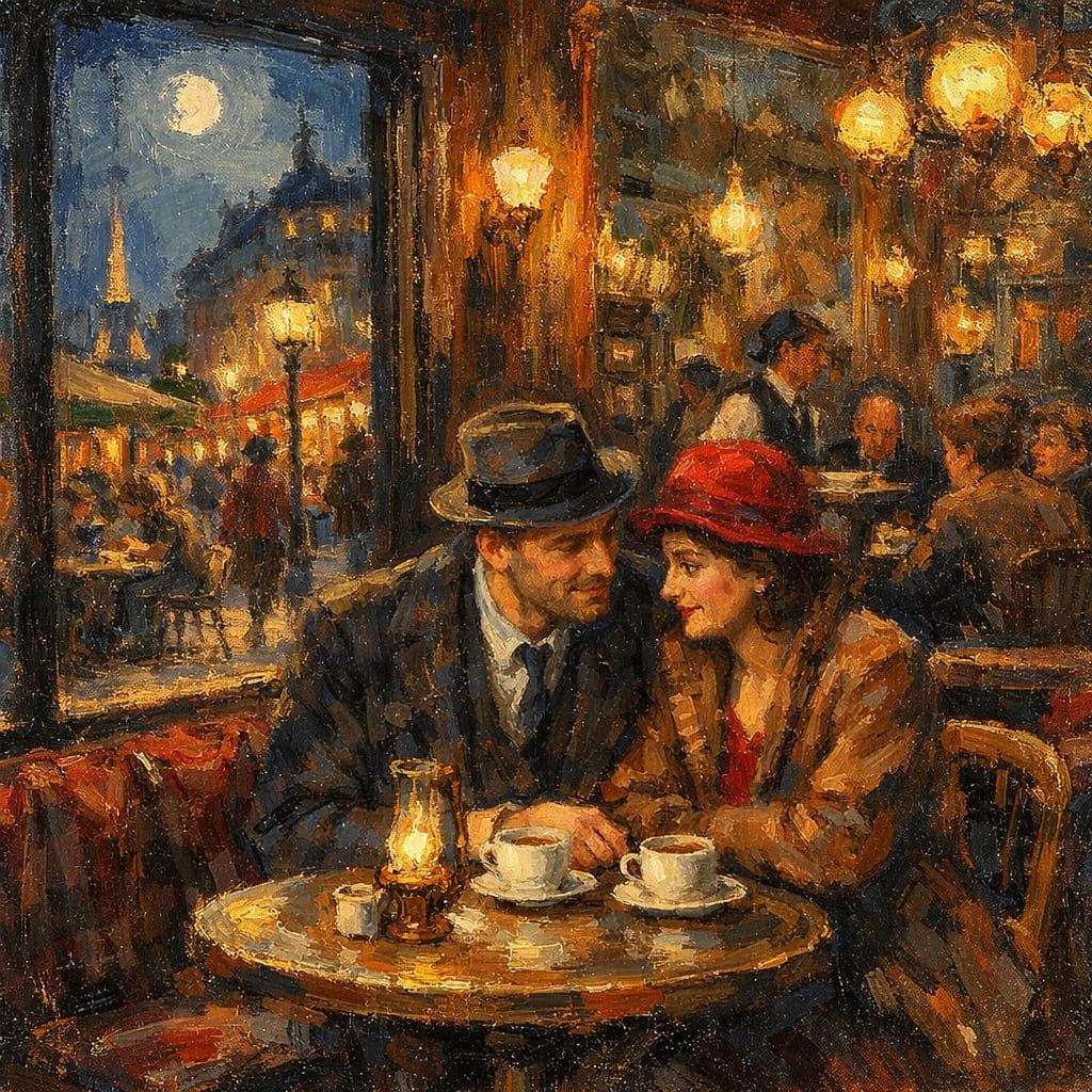 Impasto Oil Painting of a Romantic Parisian Cafe at Night