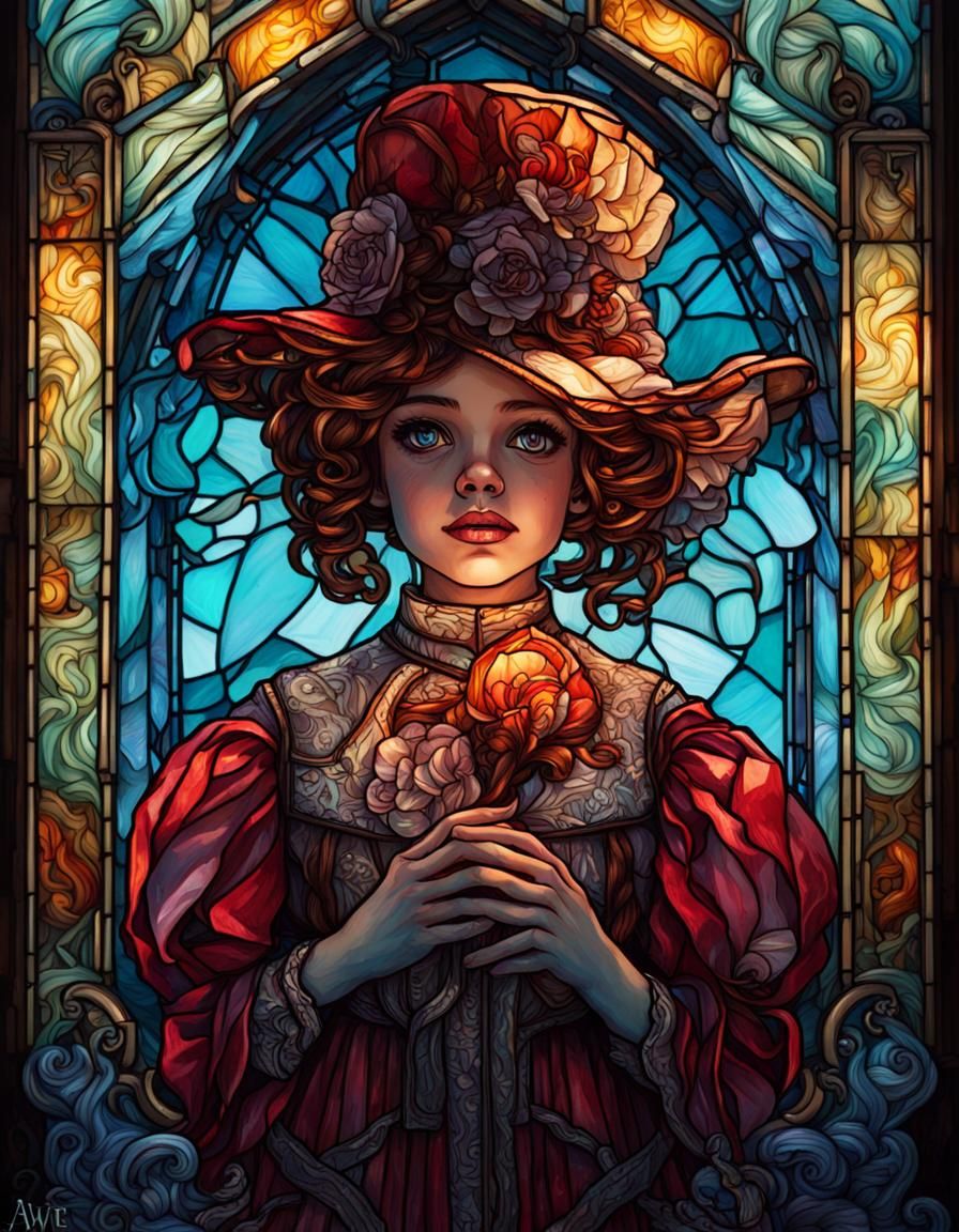 Stained Glass Annabelle Doll Portrait in Hyperdetailed Style