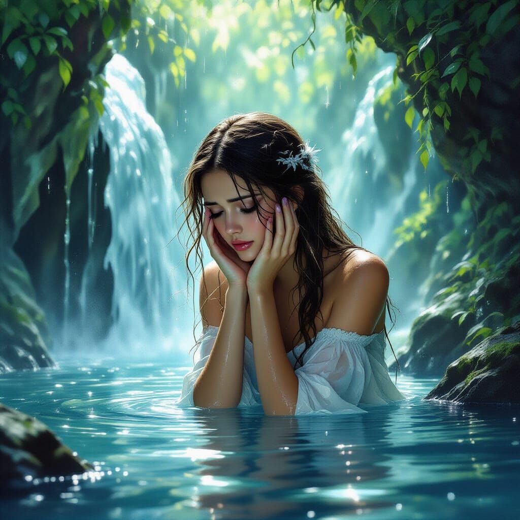 Ethereal Fantasy Art: Girl Cries in Crystal Waterfall