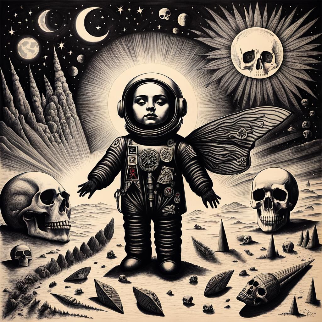 Surreal Crayon Drawing of Goth Woman and Llama Astronaut