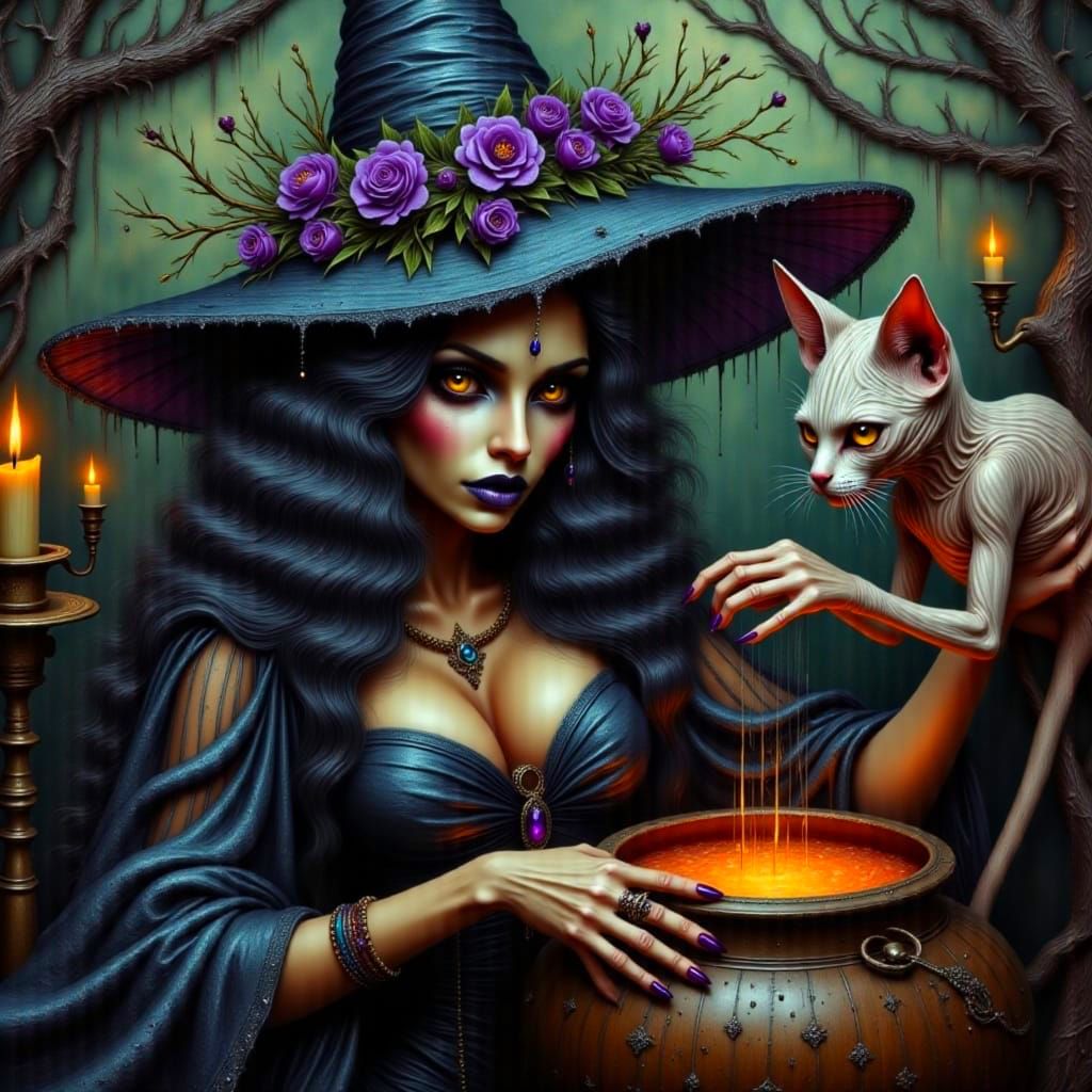 Ethereal Witch Hovering Over Bubbling Cauldron in Whimsical ...