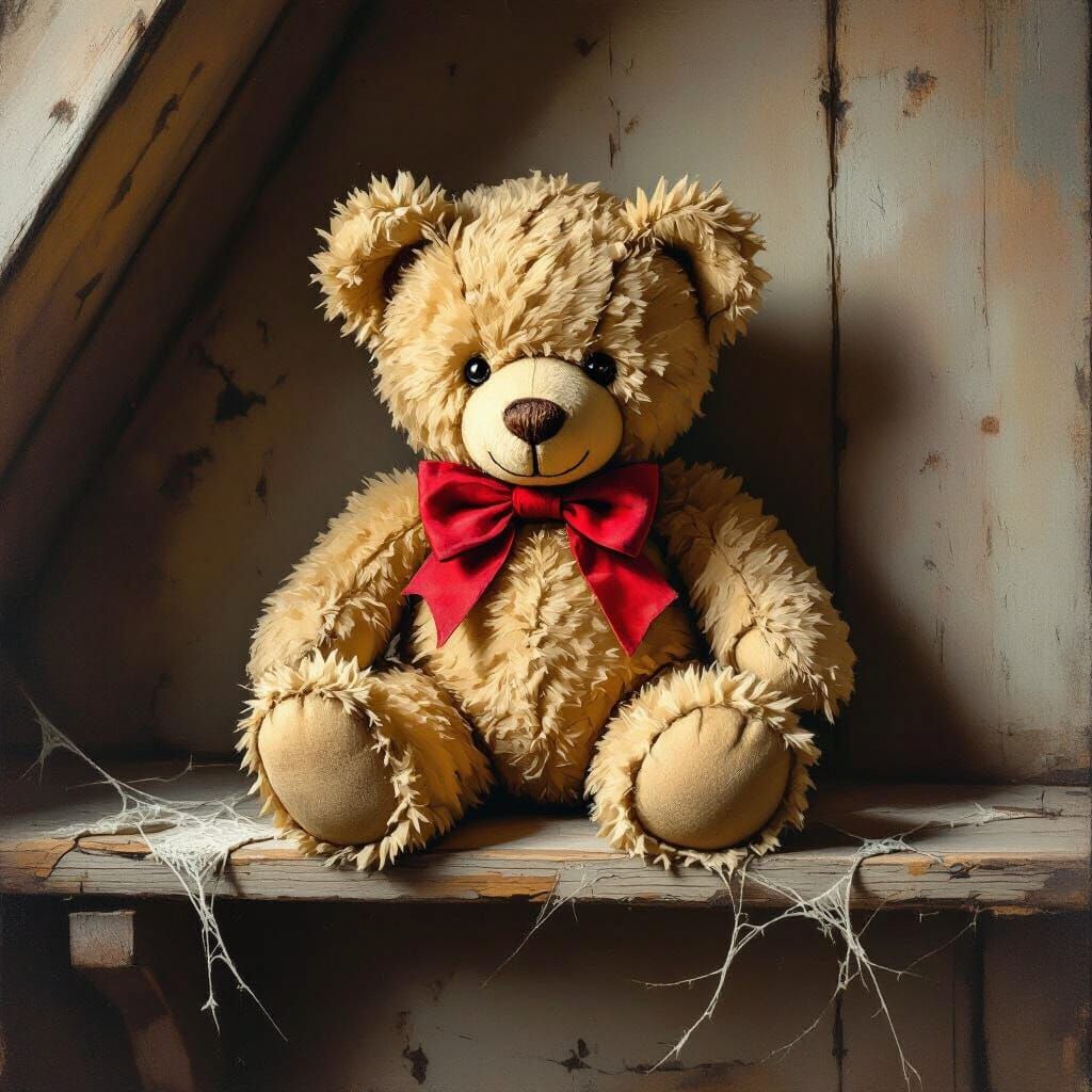 Tattered Teddy Bear in Dusty Attic Light