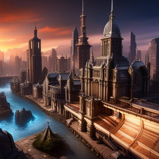 Futuristic City Meets Ancient Architecture in Dark Fantasy