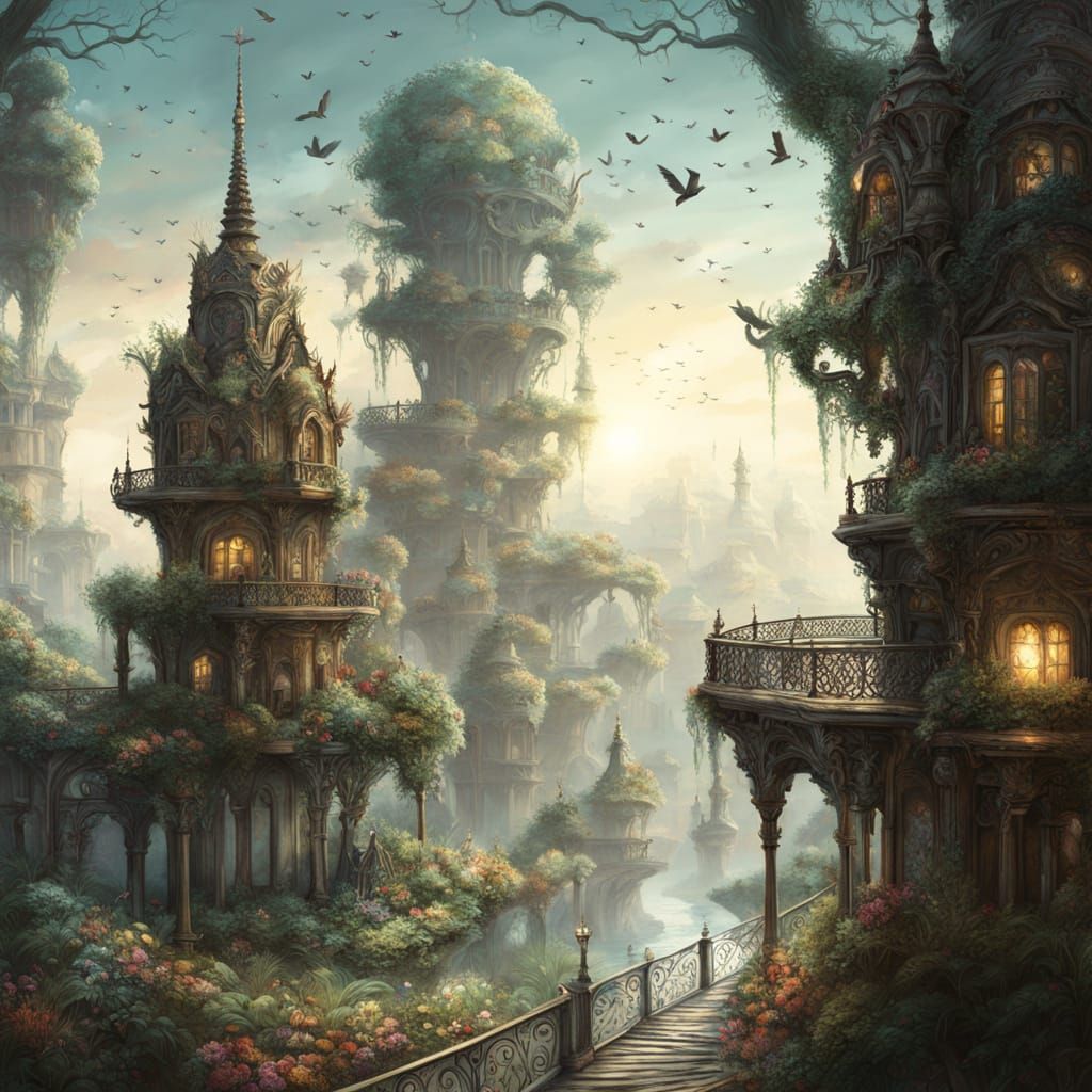 Art Nouveau Birdhouse Covered in Birds in a Lush Garden