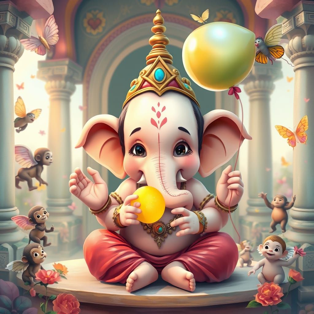 Child Ganesha Playing in Temple, Pastel 3D Art