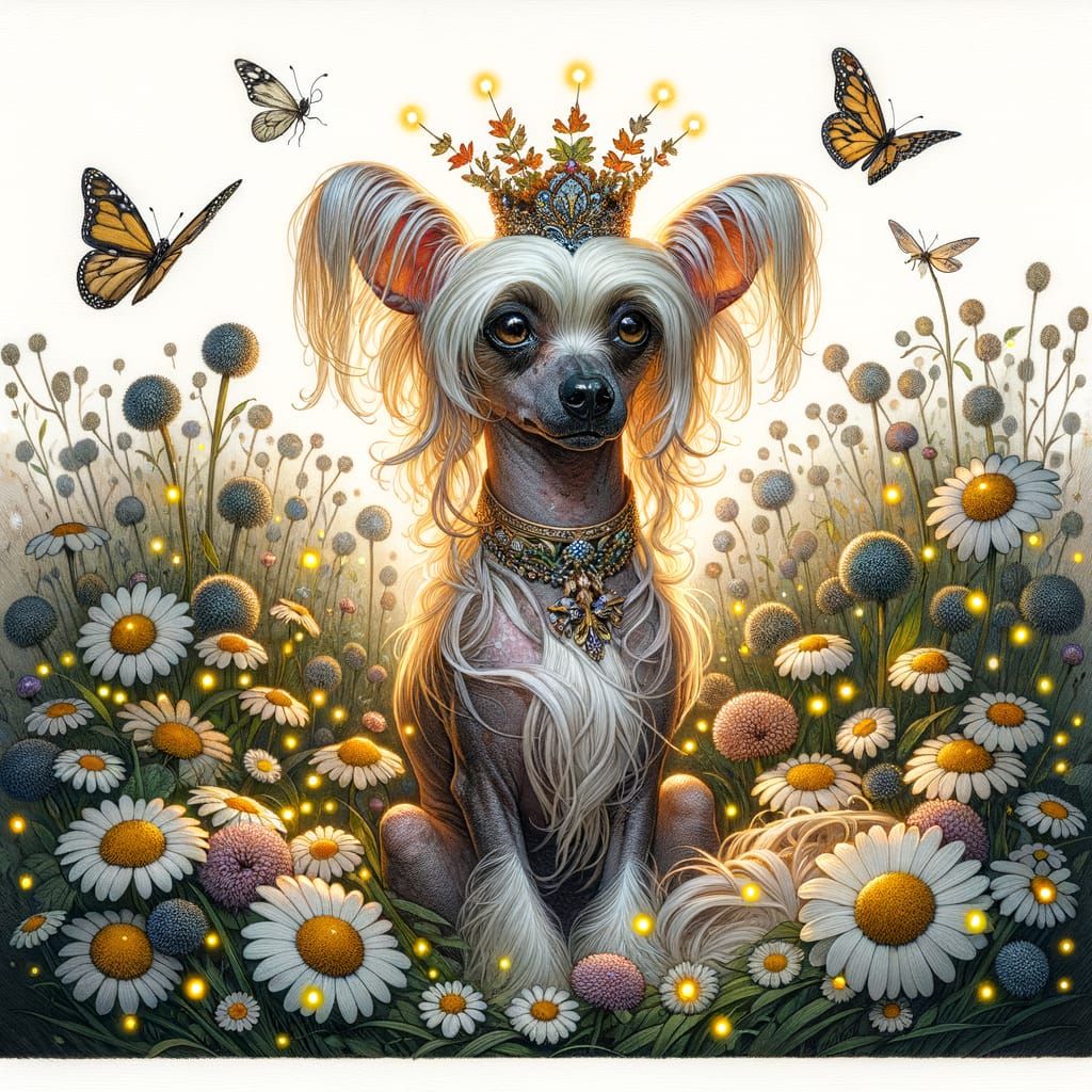 Chinese Crested Dog with Autumn Crown, Art Nouveau Portrait