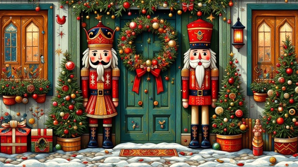 Whimsical Folk Christmas Doorway with Nutcrackers